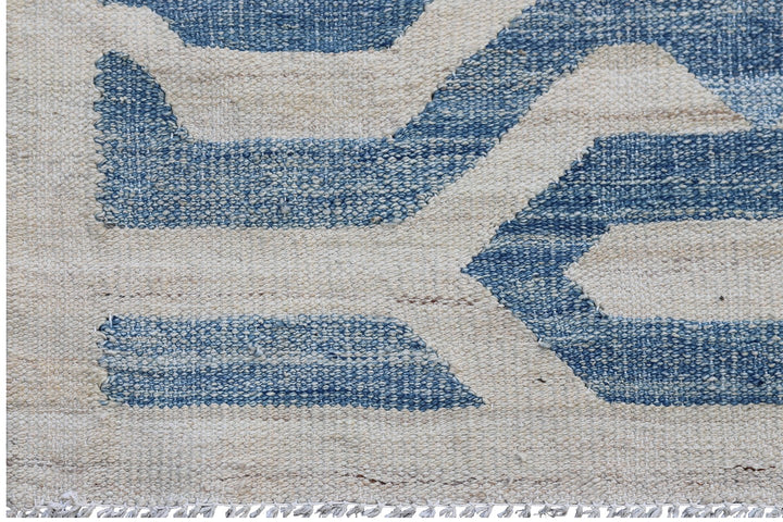 8x10 Blue and Ivory Geometric Ariana Kilim Rug - Hand-woven Flatweave