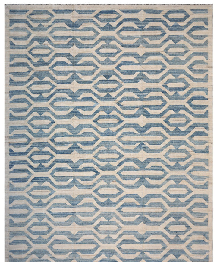 8x10 Blue and Ivory Geometric Ariana Kilim Rug - Hand-woven Flatweave