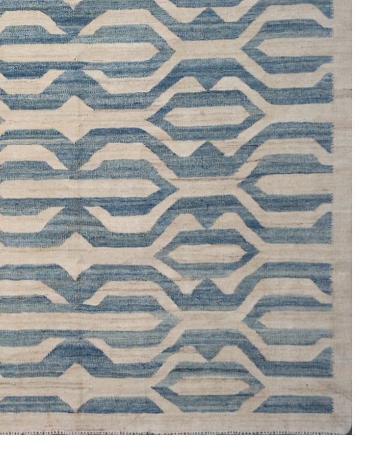 8x10 Blue and Ivory Geometric Ariana Kilim Rug - Hand-woven Flatweave