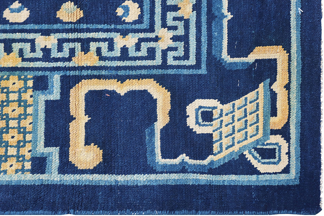 Unique 5x8 vintage Peking Chinese pictorial rug with blue and ivory vase motif from a trusted dealer with over 45 years of experience.