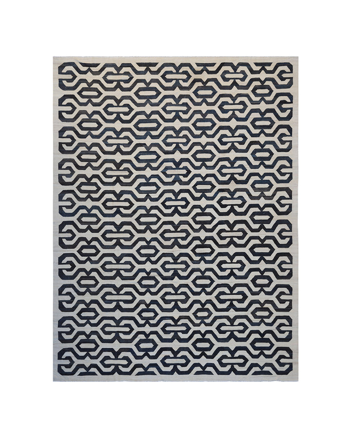 12x15 Large Navy and White Geometric Ariana Kilim Rug