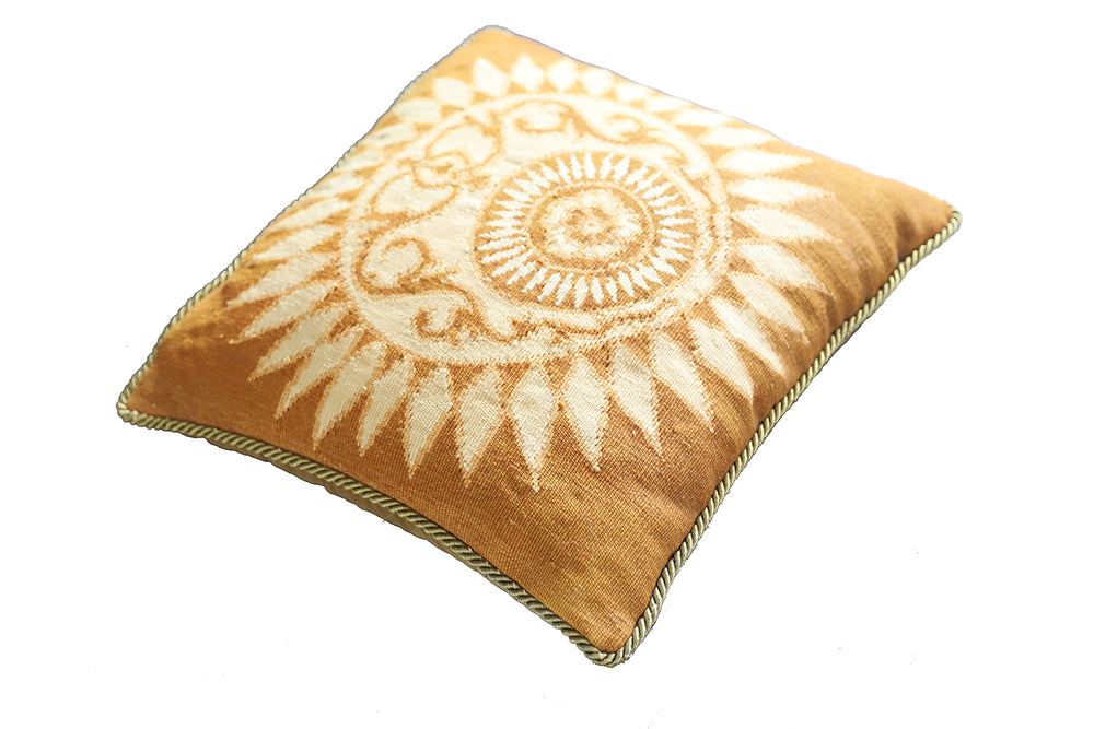 20x20 brown and cream square hand woven Aubusson wool pillowcase with center pattern by Ariana Rugs