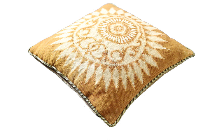 20x20 brown and cream square hand woven Aubusson wool pillowcase with center pattern by Ariana Rugs