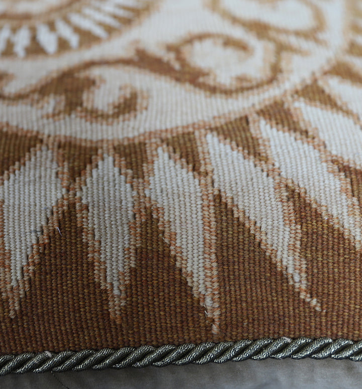 20x20 brown and cream square hand woven Aubusson wool pillowcase with center pattern by Ariana Rugs