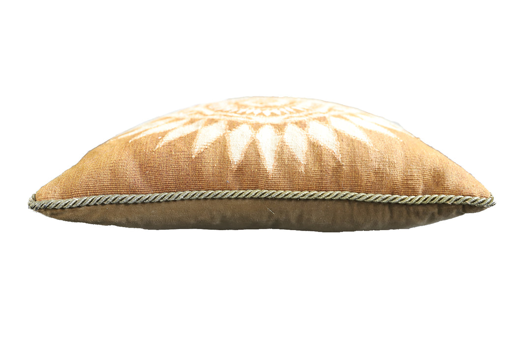 20x20 brown and cream square hand woven Aubusson wool pillowcase with center pattern by Ariana Rugs