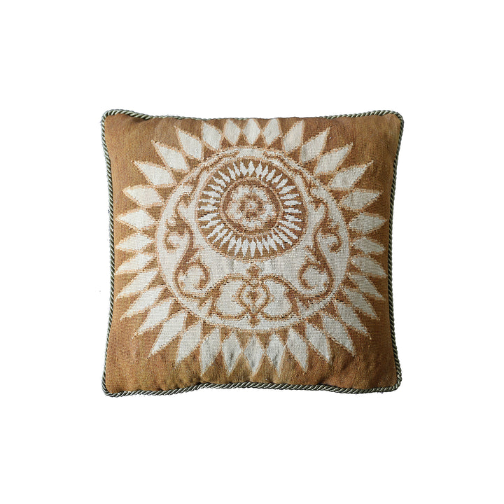 20x20 brown and cream square hand woven Aubusson wool pillowcase with center pattern by Ariana Rugs
