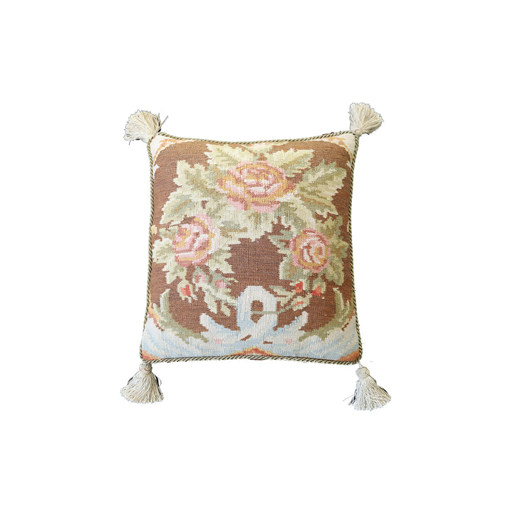 Handmade 18x20 brown floral Bessarabian style wool flatweave kilim pillowcase by Ariana Rugs West Hollywood