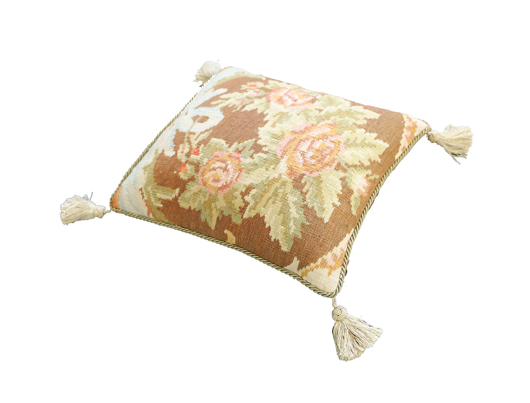 Handmade 18x20 brown floral Bessarabian style wool flatweave kilim pillowcase by Ariana Rugs West Hollywood