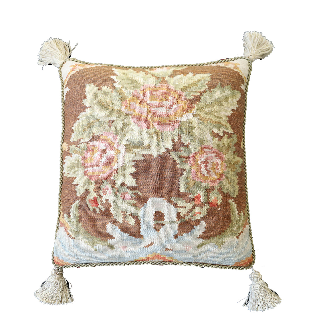 Handmade 18x20 brown floral Bessarabian style wool flatweave kilim pillowcase by Ariana Rugs West Hollywood