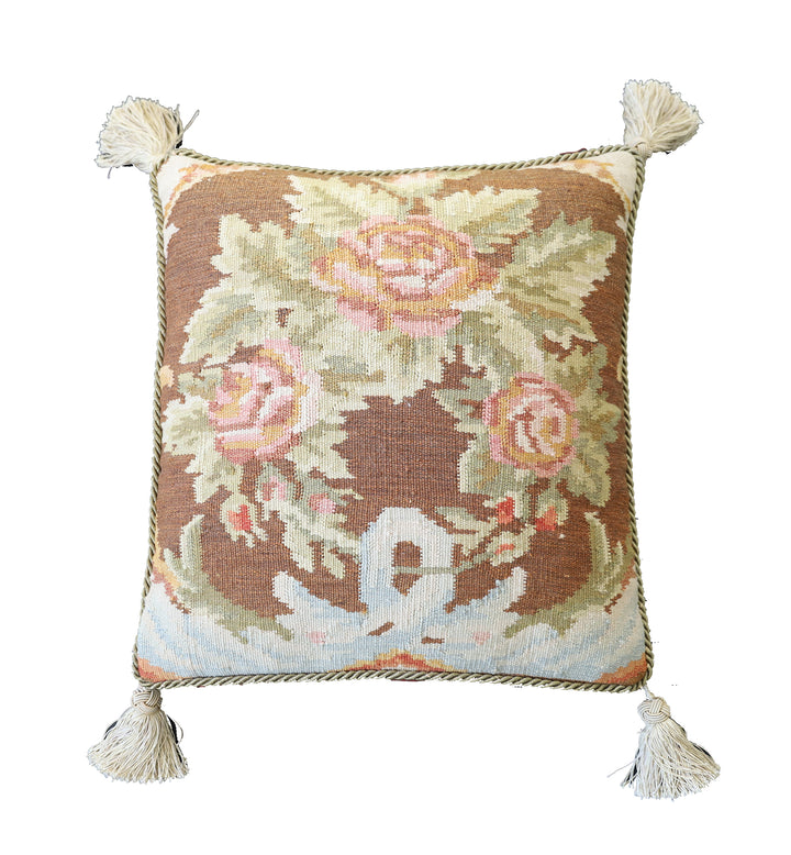 Handmade 18x20 brown floral Bessarabian style wool flatweave kilim pillowcase by Ariana Rugs West Hollywood