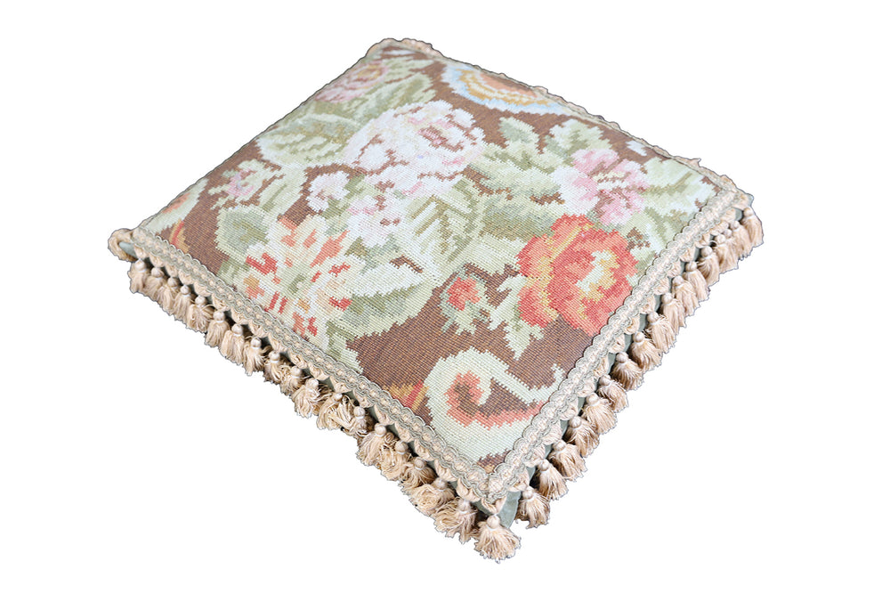 Hand-Woven Brown Wool Pillow with Pink Floral Pattern and Tassels