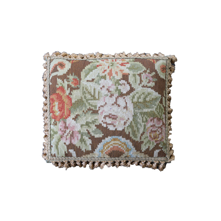 Hand-Woven Brown Wool Pillow with Pink Floral Pattern and Tassels