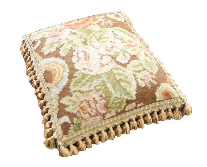 Hand-Woven Brown Wool Pillow with Pink Floral Pattern and Tassels