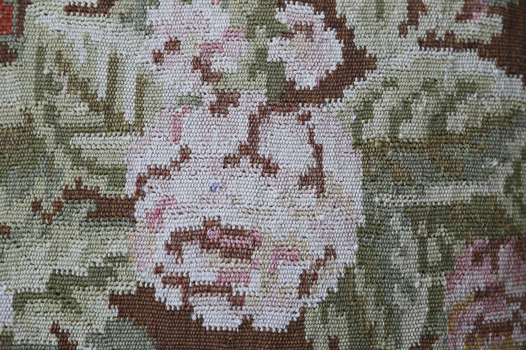 Hand-Woven Brown Wool Pillow with Pink Floral Pattern and Tassels