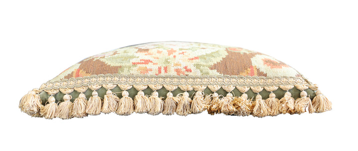 Hand-Woven Brown Wool Pillow with Pink Floral Pattern and Tassels