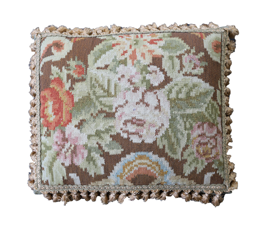 Hand-Woven Brown Wool Pillow with Pink Floral Pattern and Tassels