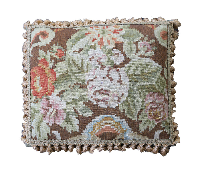 Hand-Woven Brown Wool Pillow with Pink Floral Pattern and Tassels