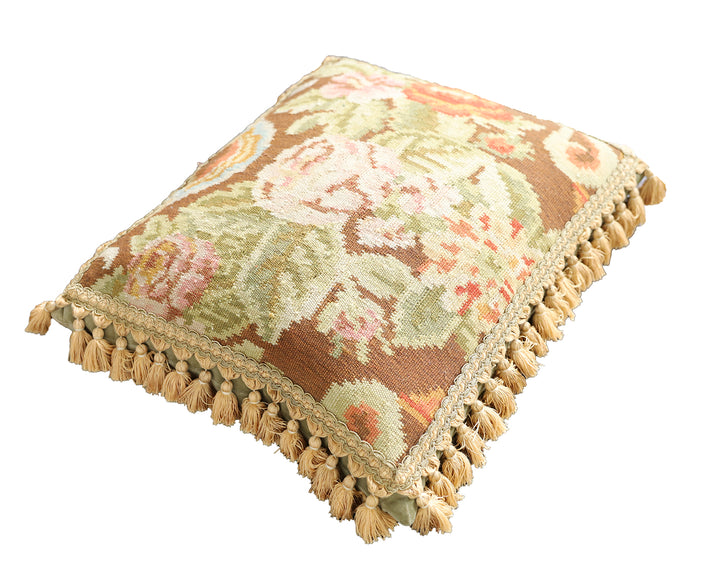 Handmade 18x20 brown and pink floral wool Bessarabian style kilim pillow with tassels by Ariana Rugs West Hollywood