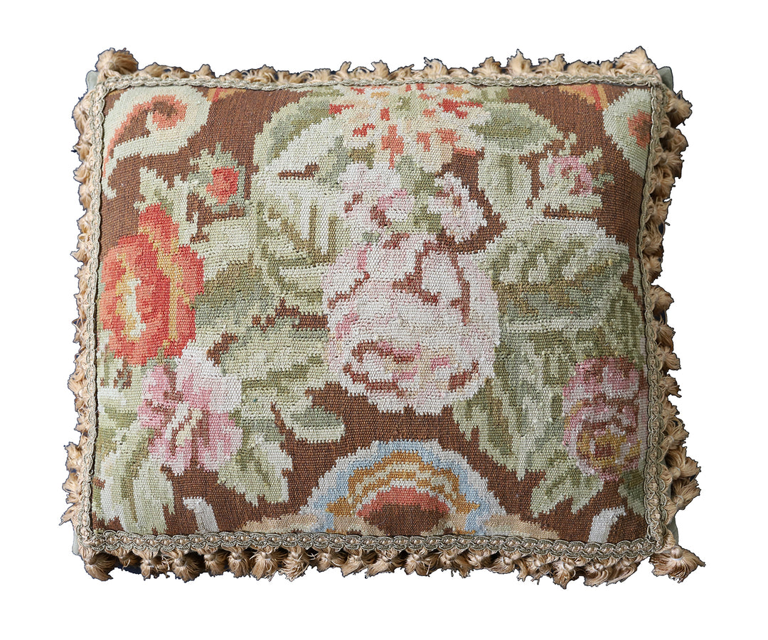 Handmade 18x20 brown and pink floral wool Bessarabian style kilim pillow with tassels by Ariana Rugs West Hollywood