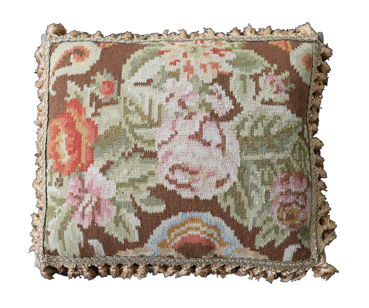 Handmade 18x20 brown and pink floral wool Bessarabian style kilim pillow with tassels by Ariana Rugs West Hollywood