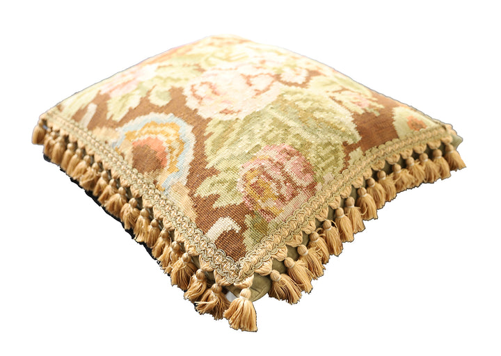 Handmade 18x20 brown and pink floral wool Bessarabian style kilim pillow with tassels by Ariana Rugs West Hollywood