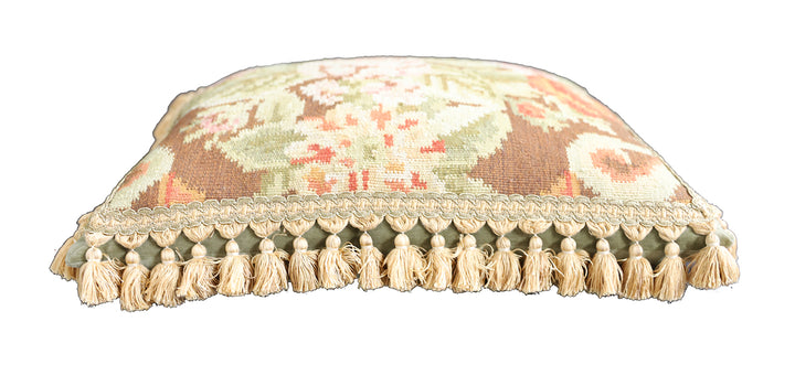 Handmade 18x20 brown and pink floral wool Bessarabian style kilim pillow with tassels by Ariana Rugs West Hollywood
