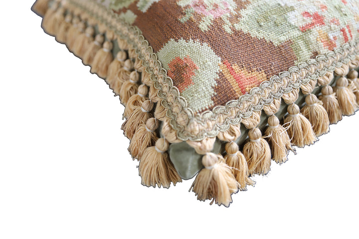 Handmade 18x20 brown and pink floral wool Bessarabian style kilim pillow with tassels by Ariana Rugs West Hollywood