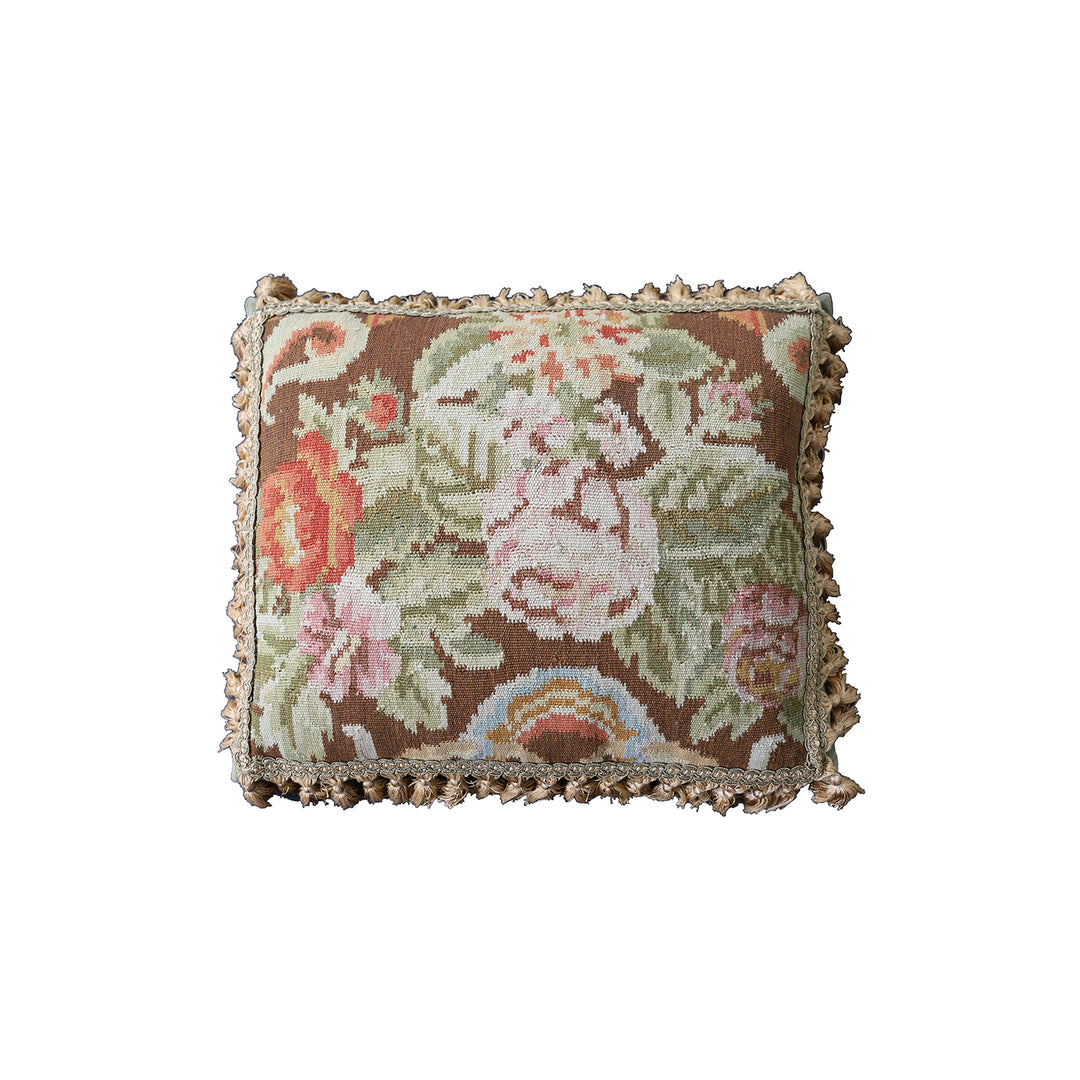 Handmade 18x20 brown and pink floral wool Bessarabian style kilim pillow with tassels by Ariana Rugs West Hollywood