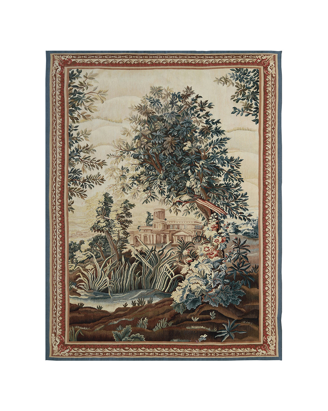 8'3" x 5'3" Contemporary Goblin Style Hand-Woven Textile Wall Tapestry Featuring Serene Castle Landscape with Earthy Greenery and Waterway by Ariana Rugs West Hollywood
