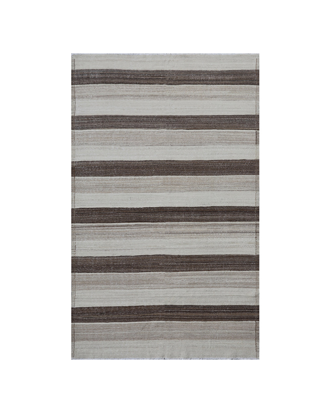 Contemporary living room styled with a 6x9 taupe, brown, and cream striped Afghan wool kilim from Ariana Rugs West Hollywood.