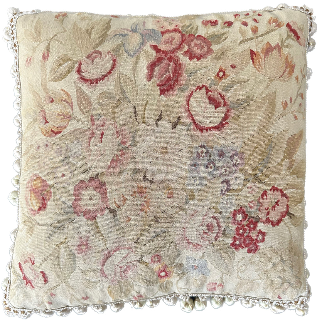 Handcrafted 19x19 cream, beige, and pink floral silk Aubusson pillowcase with tassel trim by Ariana Rugs West Hollywood