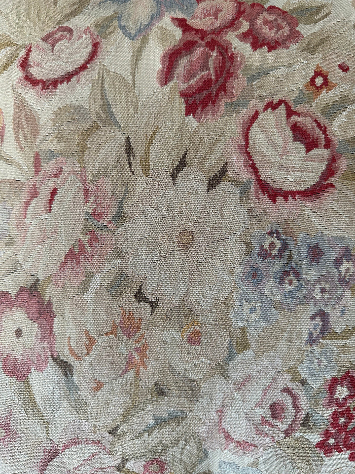 Handcrafted 19x19 cream, beige, and pink floral silk Aubusson pillowcase with tassel trim by Ariana Rugs West Hollywood