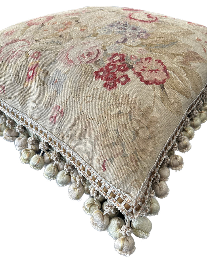 Handcrafted 19x19 cream, beige, and pink floral silk Aubusson pillowcase with tassel trim by Ariana Rugs West Hollywood