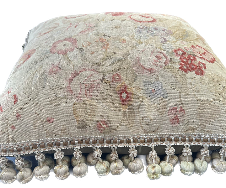 Handcrafted 19x19 cream, beige, and pink floral silk Aubusson pillowcase with tassel trim by Ariana Rugs West Hollywood