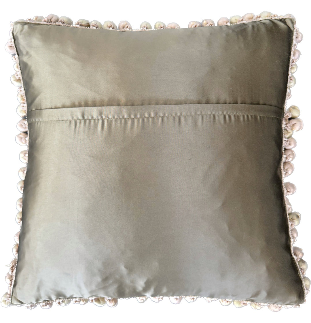 Handcrafted 19x19 cream, beige, and pink floral silk Aubusson pillowcase with tassel trim by Ariana Rugs West Hollywood