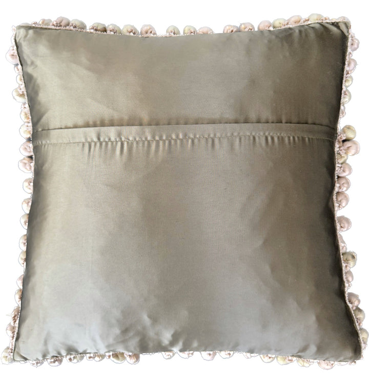 Handcrafted 19x19 cream, beige, and pink floral silk Aubusson pillowcase with tassel trim by Ariana Rugs West Hollywood