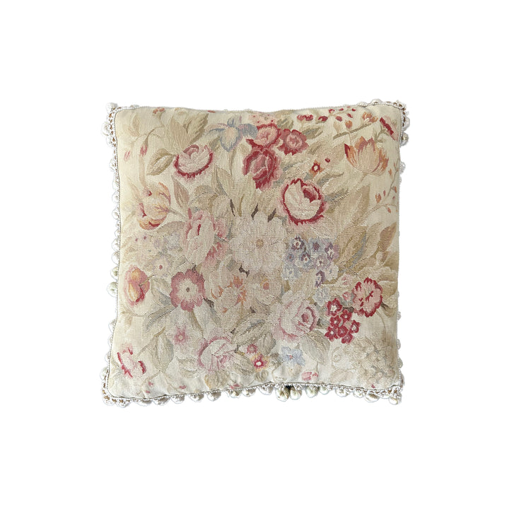 Handcrafted 19x19 cream, beige, and pink floral silk Aubusson pillowcase with tassel trim by Ariana Rugs West Hollywood