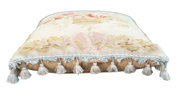 Handmade 19x19 cream wool and cotton Aubusson pillowcase with white tassels featuring a flower basket by Ariana Rugs West Hollywood