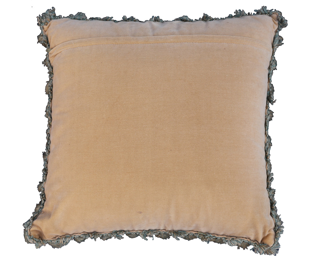 Handmade 19x19 cream wool and cotton Aubusson pillowcase with white tassels featuring a flower basket by Ariana Rugs West Hollywood