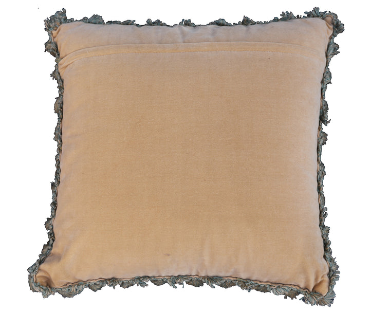 Handmade 19x19 cream wool and cotton Aubusson pillowcase with white tassels featuring a flower basket by Ariana Rugs West Hollywood