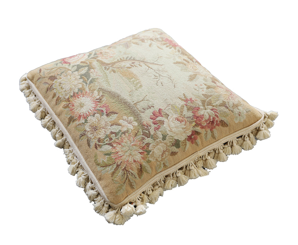 Handmade 20x20 cream and tan floral needlepoint wool pillowcase with tassels by Ariana Rugs West Hollywood