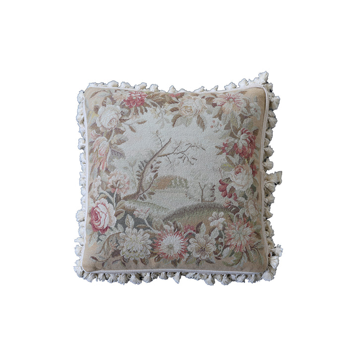 Handmade 20x20 cream and tan floral needlepoint wool pillowcase with tassels by Ariana Rugs West Hollywood
