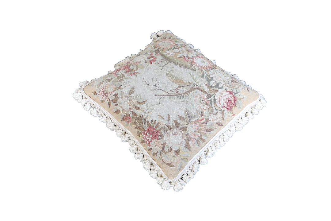 Handmade 20x20 cream and tan floral needlepoint wool pillowcase with tassels by Ariana Rugs West Hollywood