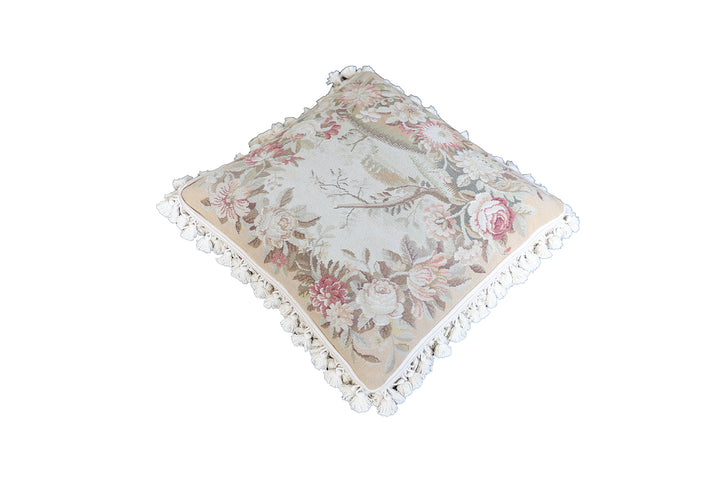 Handmade 20x20 cream and tan floral needlepoint wool pillowcase with tassels by Ariana Rugs West Hollywood
