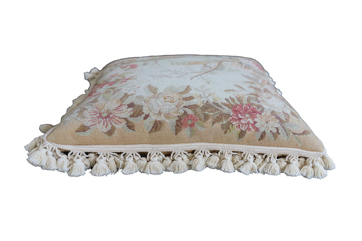 Luxury 20"x20" Cream & Tan Floral Needlepoint Wool Pillow | Ariana Rugs