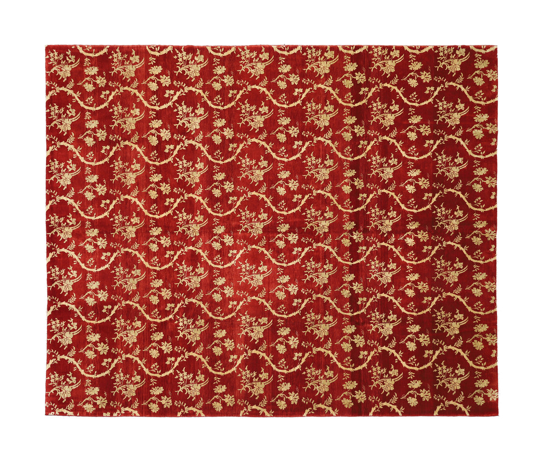 8'2" x 10'3" Deep Red and Gold Chinoiserie hand-knotted luxury Afghan rug in organic wool with vibrant colorful motifs, ethically woven by Hazara women artisans.