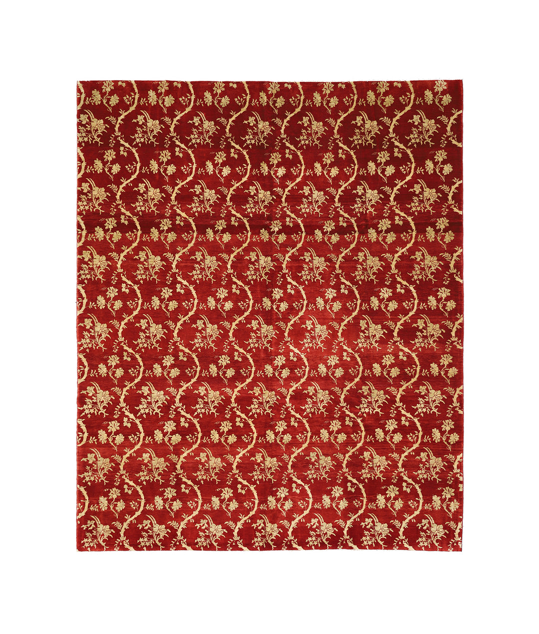 8'2" x 10'3" Deep Red and Gold Chinoiserie hand-knotted luxury Afghan rug in organic wool with vibrant colorful motifs, ethically woven by Hazara women artisans.
