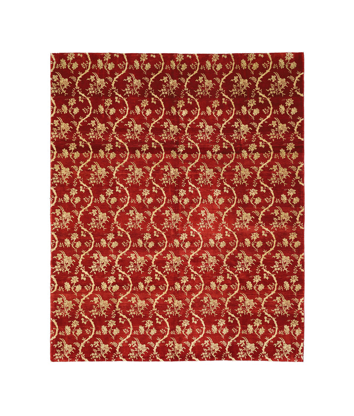 8'2" x 10'3" Deep Red and Gold Chinoiserie hand-knotted luxury Afghan rug in organic wool with vibrant colorful motifs, ethically woven by Hazara women artisans.