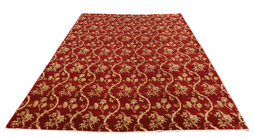 8'2" x 10'3" Deep Red and Gold Chinoiserie hand-knotted luxury Afghan rug in organic wool with vibrant colorful motifs, ethically woven by Hazara women artisans.
