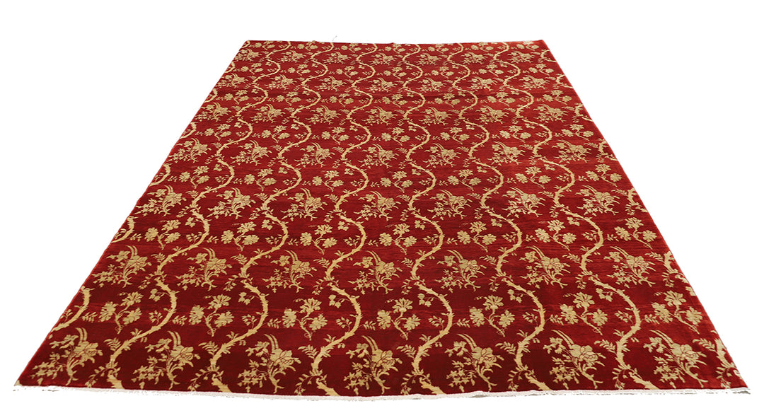 8'2" x 10'3" Deep Red and Gold Chinoiserie hand-knotted luxury Afghan rug in organic wool with vibrant colorful motifs, ethically woven by Hazara women artisans.